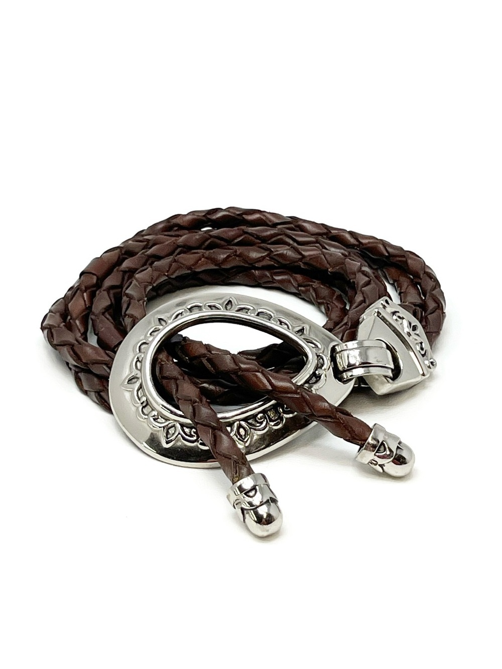 Women’s Braided Leather Statement Belt Chunky Teardrop Silver-Toned Metal Buckle